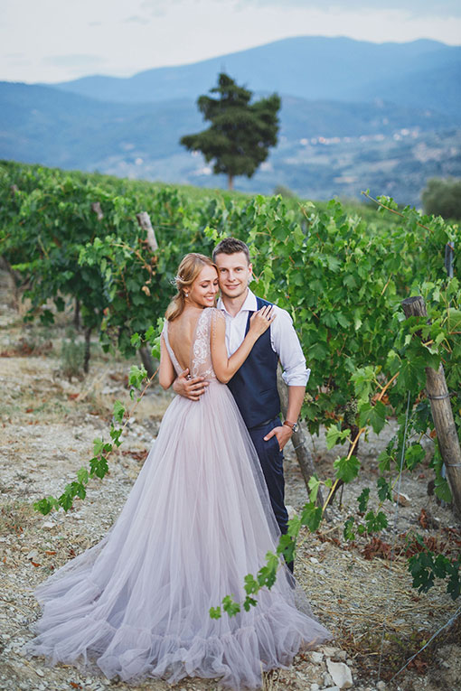 Vineyard Wedding im Elsass, Frankreich. Fesches Brautpaar steht im Weinstock